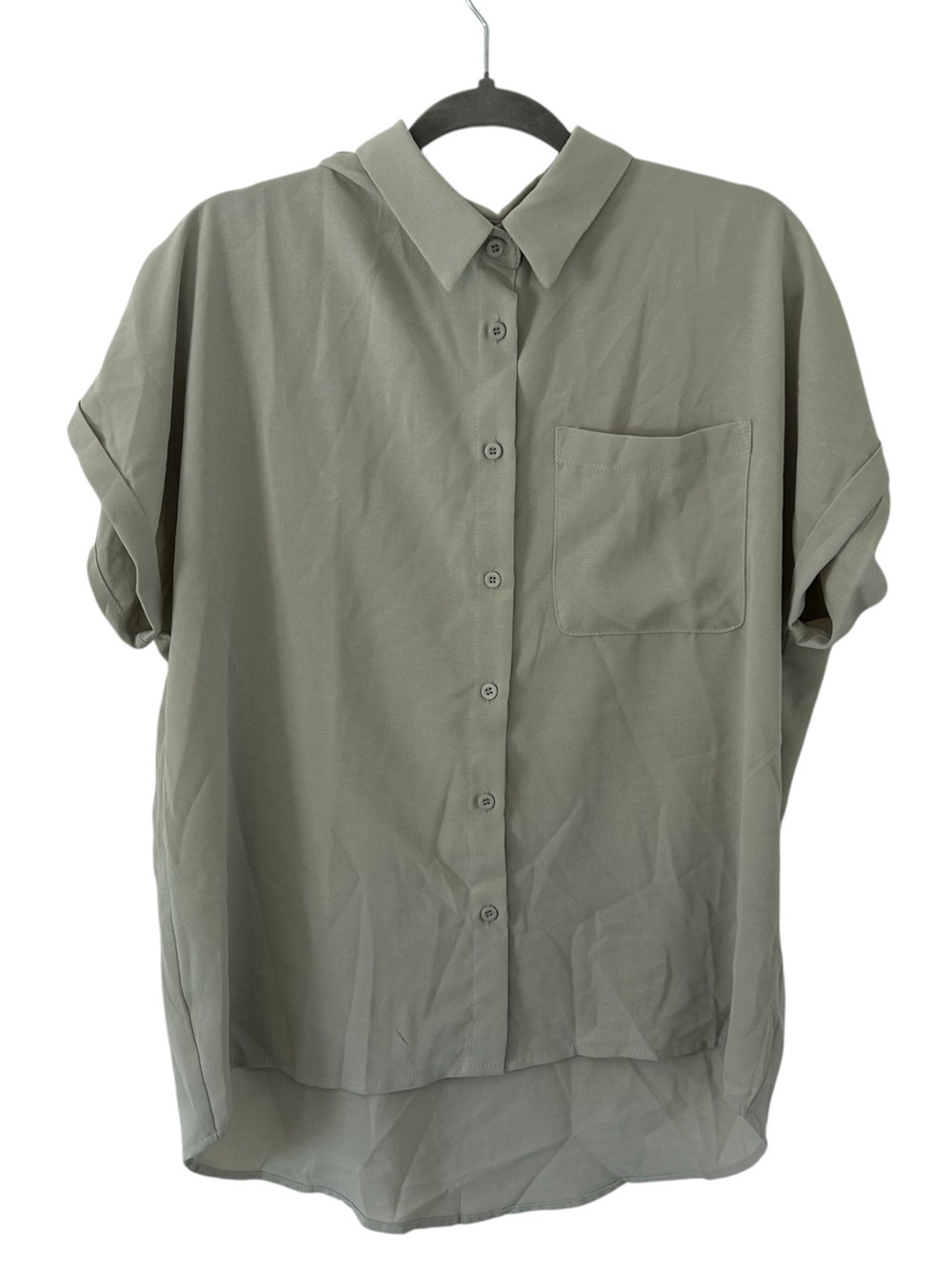 Olive Green Button Down Top Lightweight Collared Shirt Flowy Style Women’s Large